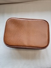 Vtg ROC Brown Vinyl Zip Toiletry Shaving Bag Travel Case Vinyl Polka Dot Lining