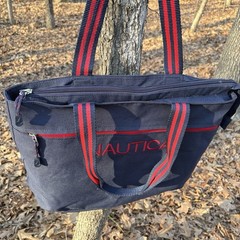 Nautica Navy Red Zip Tote Bag for Women with Double Handles, Inner Pockets