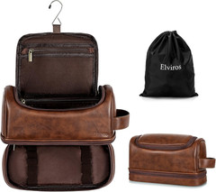 Toiletry Bag for Mens PU Leather Travel Organizer Kit with Hanging Hook, Large W