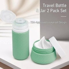 2 Pack 2oz Travel Bottles with Jar and Facial Brush for Gym Green