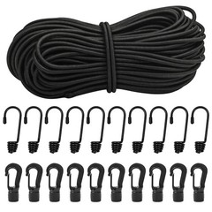 1/4&Prime;Bungee Shock Cords with Hooks, 130Feet 1/4 inch x 130 feet, Black, Black