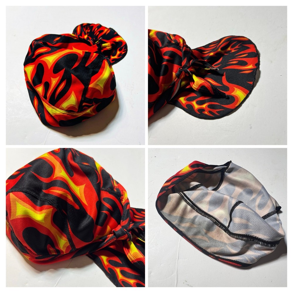 Skull Cap durag head hair wrap orange/black fire flames graphic biker rider