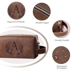 Personalized Toiletry Bag for Men Engraved Initial Cool Gifts for Dark Brown A