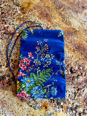 Roll or Fold Up Jewelry Travel Bag ~ Floral on dark blue fabric with tie closure