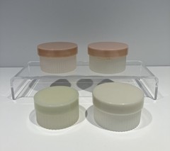 4 Vintage Travel Lidded Plastic Jar Ribbed Bottom Pink & Cream