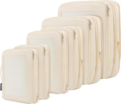 Compression Packing Cubes Expandable Travel Luggage Organizer Beige Mesh Set