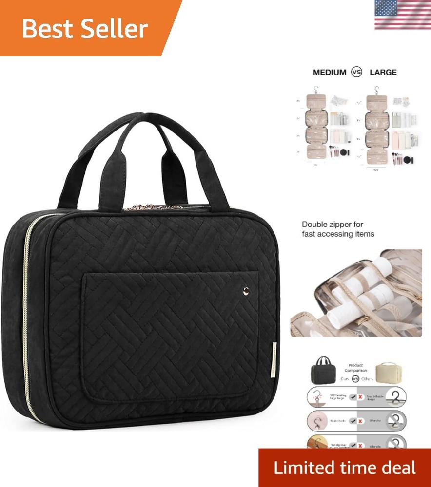 Elegant Black Water-Resistant Toiletry Bag with Hanging Hook – Travel Organizer