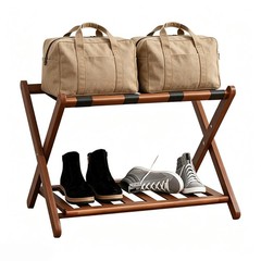 2Pcs Brown Foldable Luggage Rack, Wooden Suitcase Stand, Hotel Room Organizer