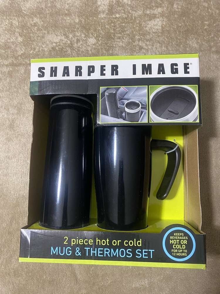 BLACK SHARPER IMAGE 2 PIECE THERMAL MUG & THERMOS SET