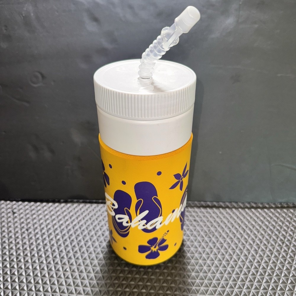 Beach Travel Insulated Cup Yellow Bahamas Flip Flop Flower Foam Mug & Lid/Straw