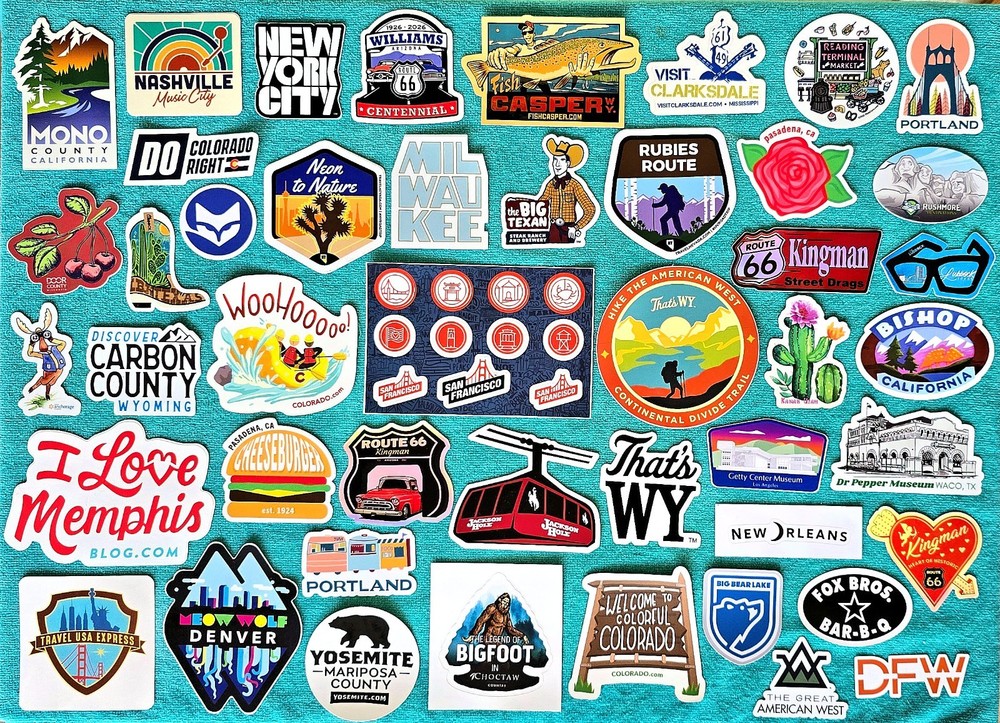 46 – DIFFERENT US STATE & OTHER TRAVEL DECALS – VINYL STICKERS – USA – SOME RARE