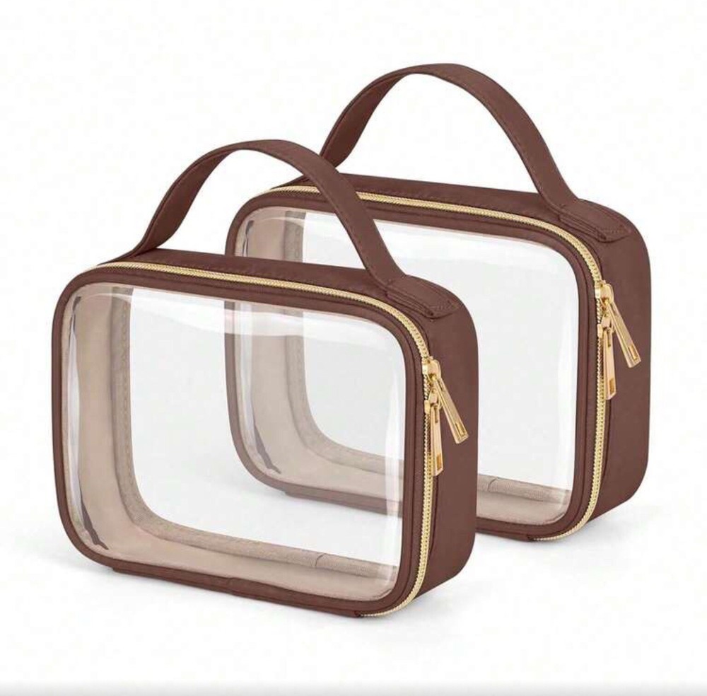Brown 2Pcs Quart Size TSA Approved Clear Toiletry Bag Set