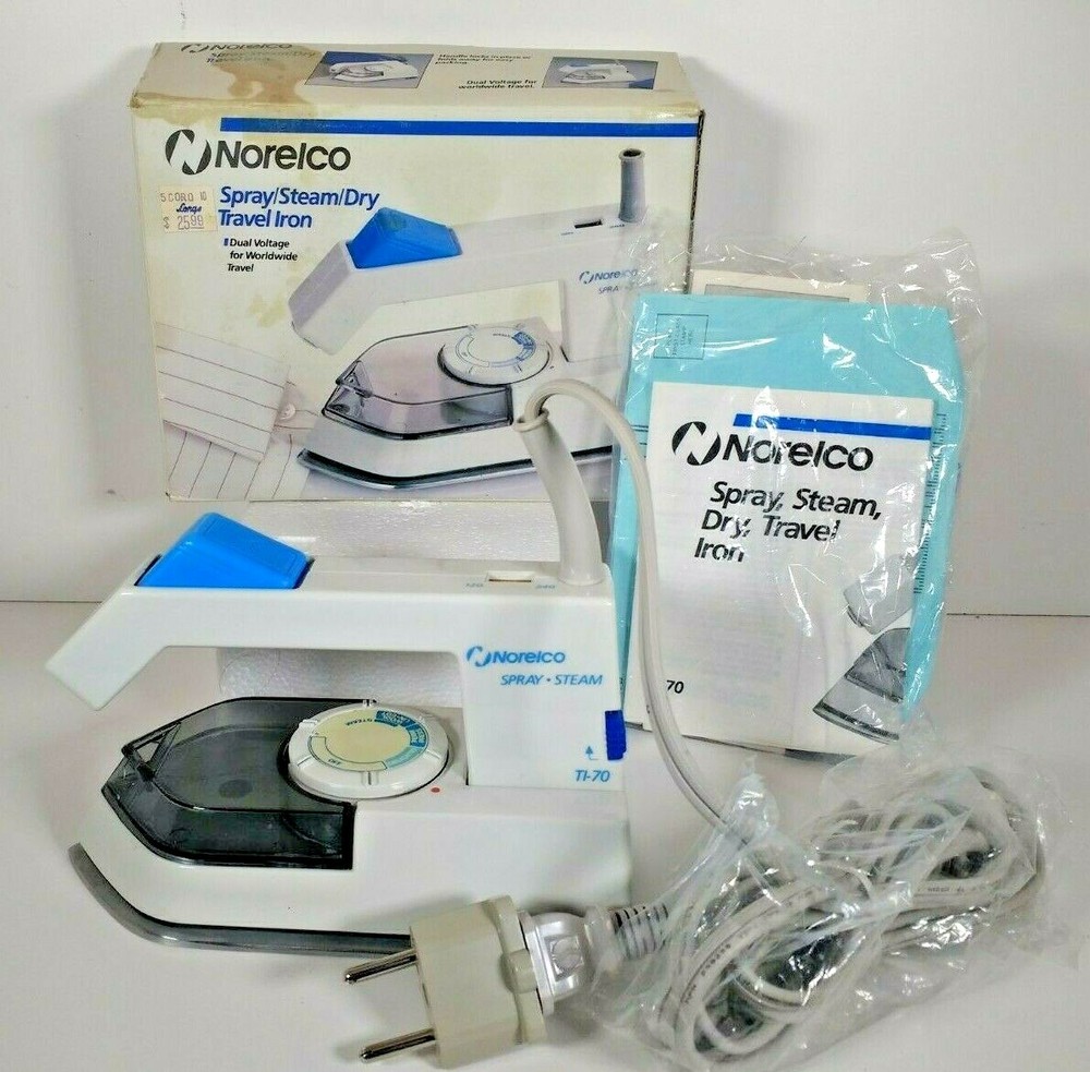 Norelco TI70 Travel Iron Spray Steam Dry Dual Voltage Adapter 1988 Original Box