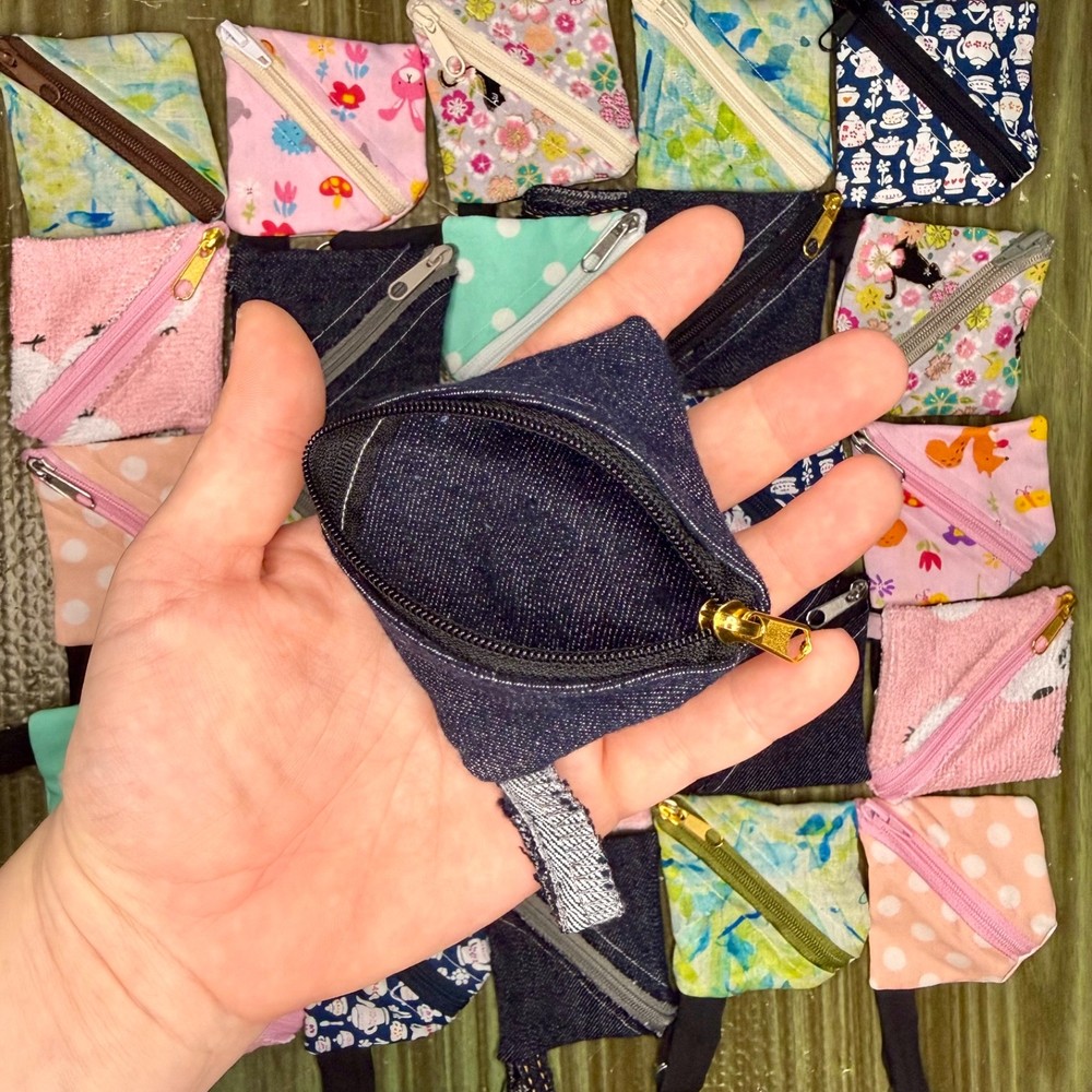 Japanese Printed Fabric Upcyled Recycled Denim Mini Pouches Travel Coins Kawaii