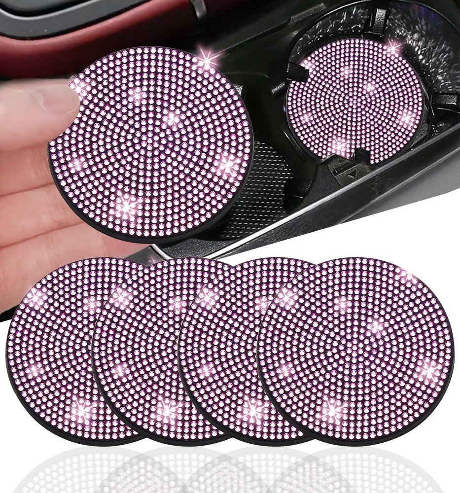 NBTEPEM 4pcs Bling Car Cup Holder Coaster, 2.75 inch Anti-Slip 4 pcs, Pink