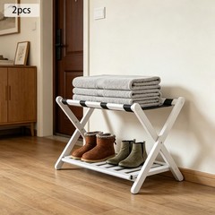 2pcs Wooden Luggage Rack Double Tier Foldable Suitcase Stand White Hotel Bedroom