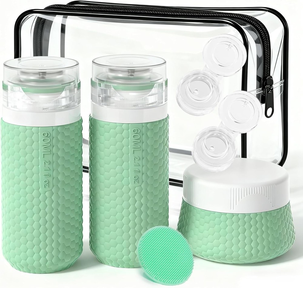 2 Pack 2oz Travel Bottles with Jar and Facial Brush for Gym Green