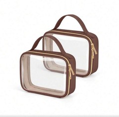 Brown 2Pcs Quart Size TSA Approved Clear Toiletry Bag Set