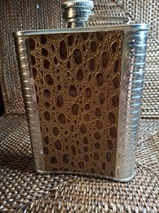 Stainless Steel & Brown Faux Croc Leather Flask Alcohol Whisky Bottle 8 oz