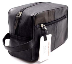 Genuine Leather Toiletry Shaving Kit Zip Top Cosmetic Makeup Pouch- Black JTC