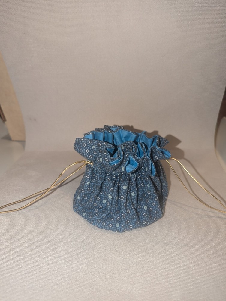 Handmade Jewelry Pouch Blue & Wht Drawstring Bag Travel 8 Compartment