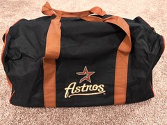 Vintage Houston Astros Small Duffel Bag: Zipper, Hand, Shoulder Straps Red/Black