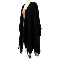 Mer Sea Classic Travel Wrap Womens One Size Ink Black Knit Poncho Fringed Trim