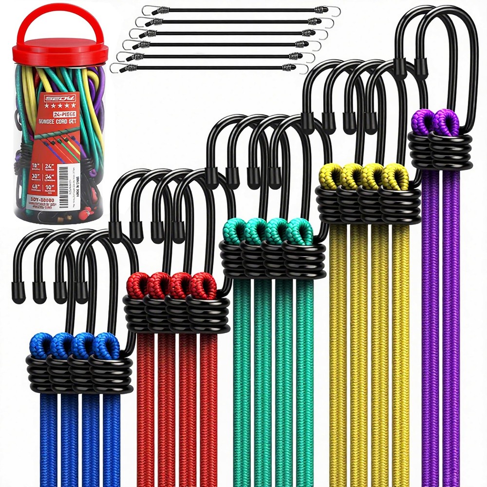 24-Piece Premium Bungee Cords Heavy 10&Prime;, 18&Prime;, 24&Prime;, 30&Prime;, 36&Prime;, 48&Prime;, Multicolor