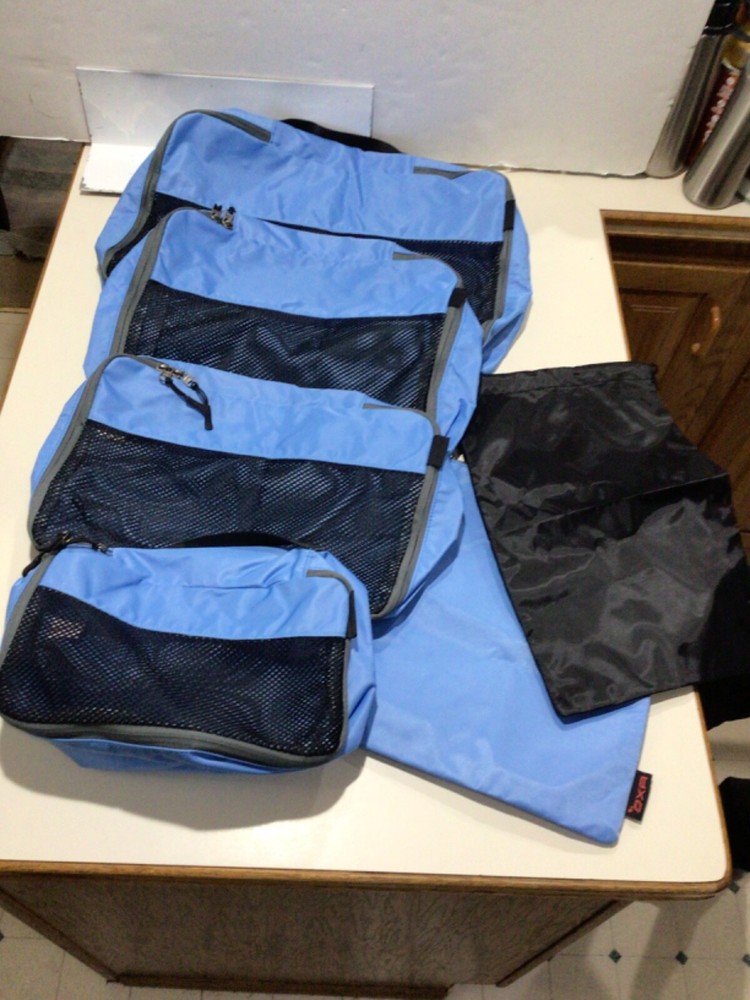 Travel Packing Set of six; Shoe bag, 4 cubes 11x6x4” to 15x12x3, Wet cloths bag