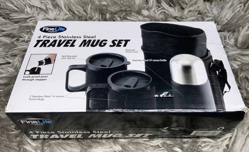 FineLife Products 4 Piece Stainless Steel Travel Mug Set w/ Tote – Black