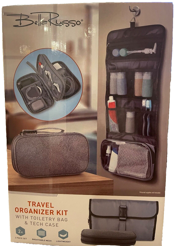 Bella Russo Travel Organizer Kit Set Hanging Toiletry Bag & Zippered Tech Case