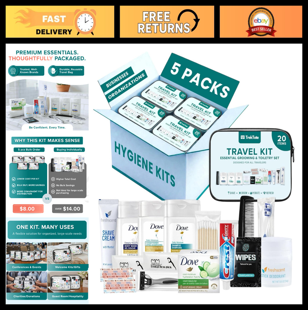 5 Pack Unisex Travel Hygiene Kits – 20-Piece Essential Toiletries Set