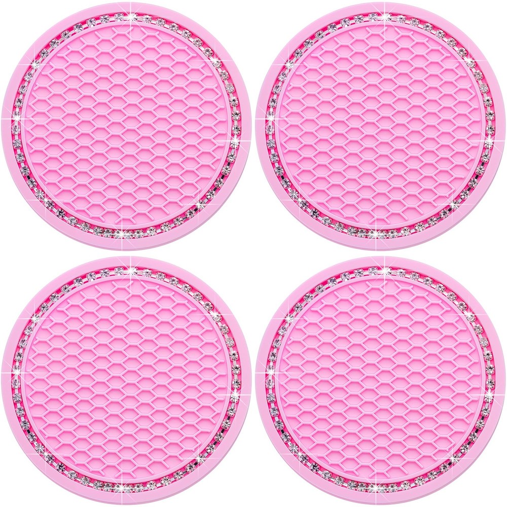 MEAJOO 4PCS Bling Cup Holder Coaster, 2.75 Inch Auto Car 4 pcs, Pink & White