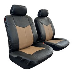 Universal Heavy Duty PU Leather Seat Covers Front Pair Tan Black Sports Design