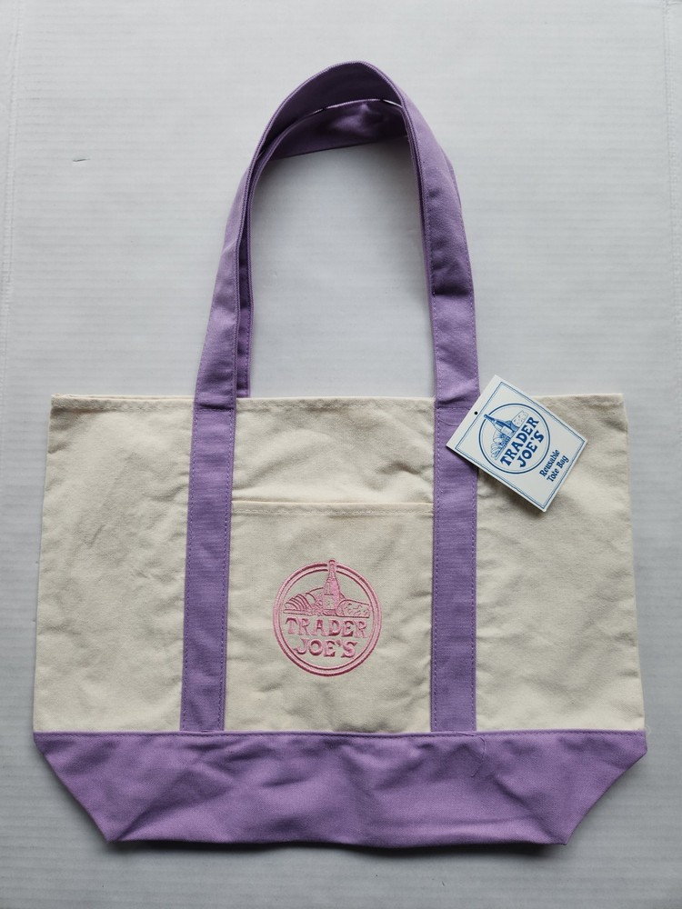 Trader Joe&rsquo;s Reusable Canvas Tote Bag – Creamy Off White and Lavender