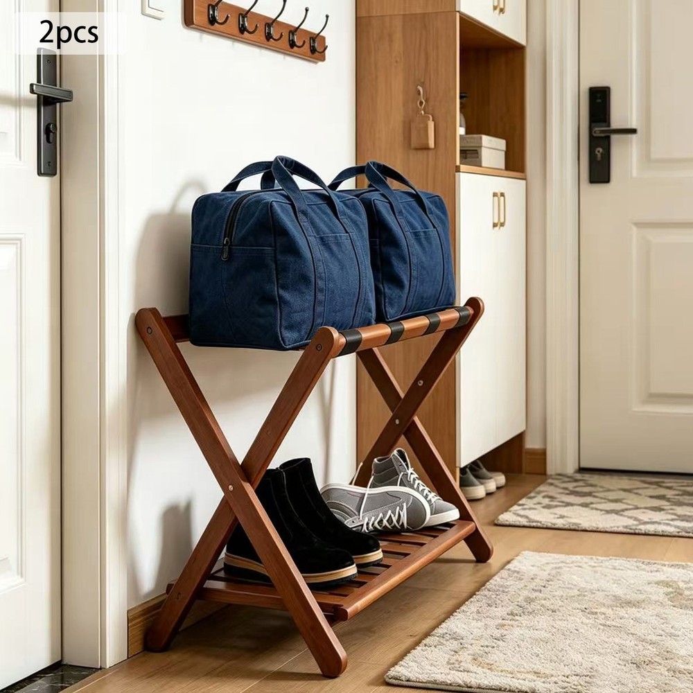 2Pcs Brown Foldable Luggage Rack, Wooden Suitcase Stand, Hotel Room Organizer
