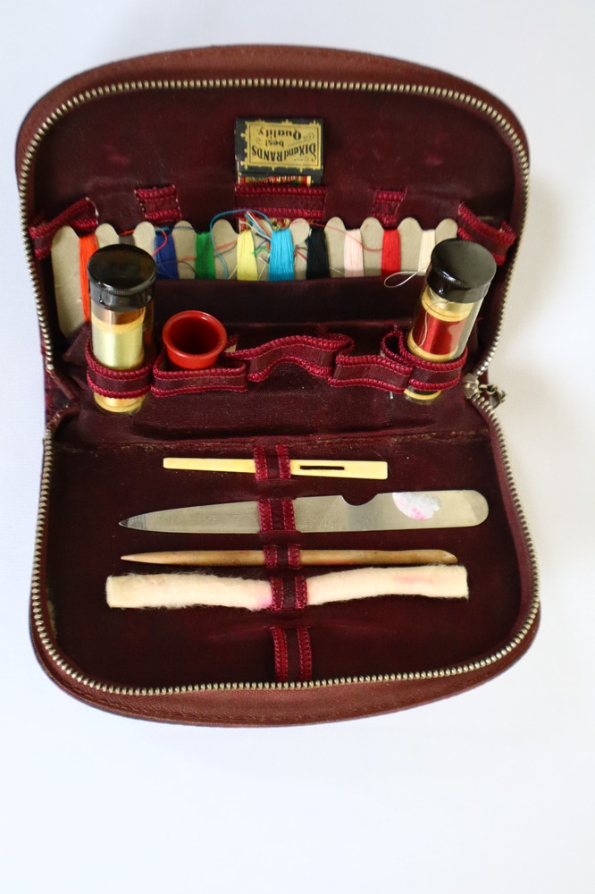 Sewing Kit/Manicure Travel Kit Burgundy Brocade w/ Zipper Circa 1920 Orig Items