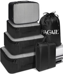 6 Set Packing Cubes Luggage Organizers Travel Accessories Black Water-Repellent