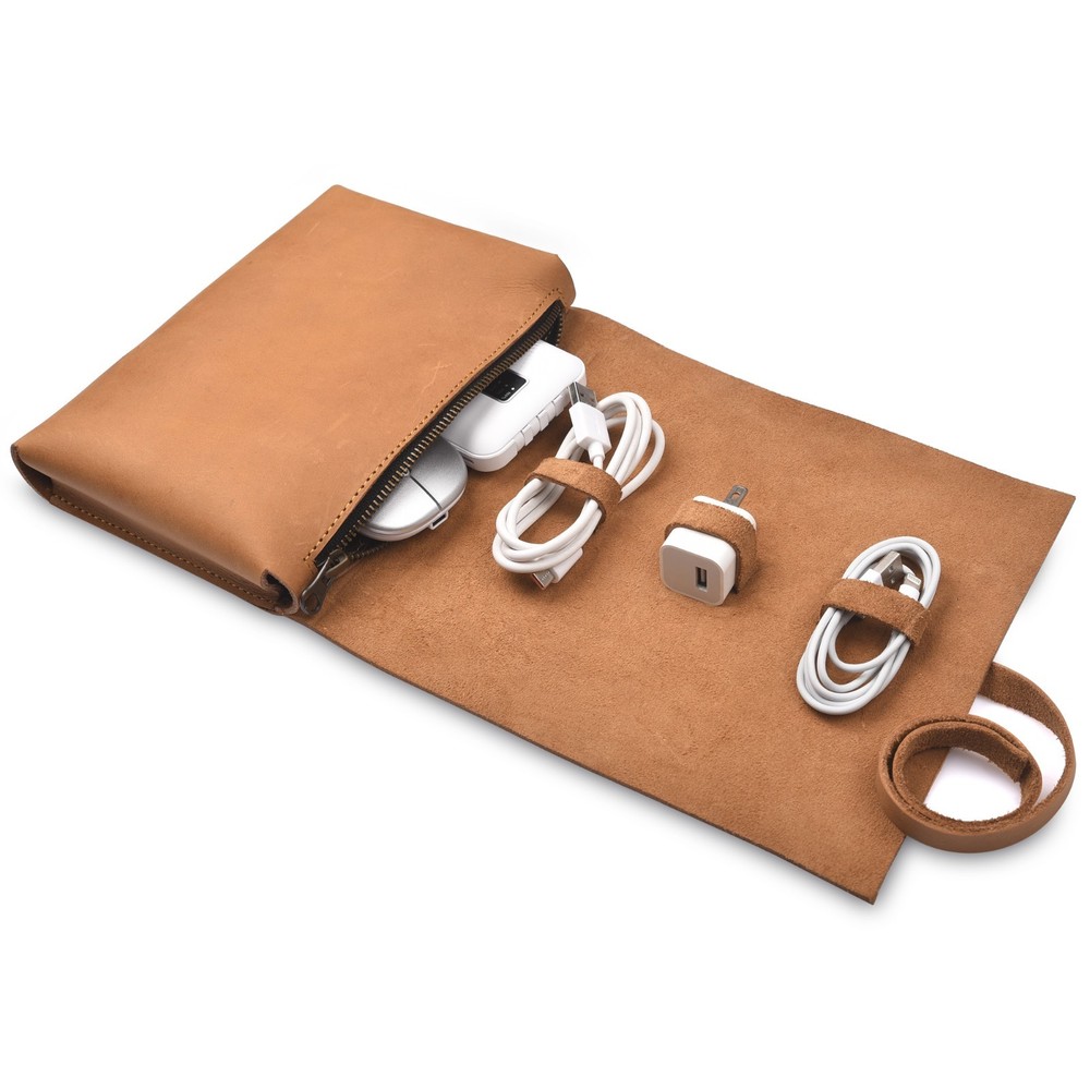 Leather Cable Cord Organizer Roll | Tech Bag | Zipper Travel Accessory Pouch