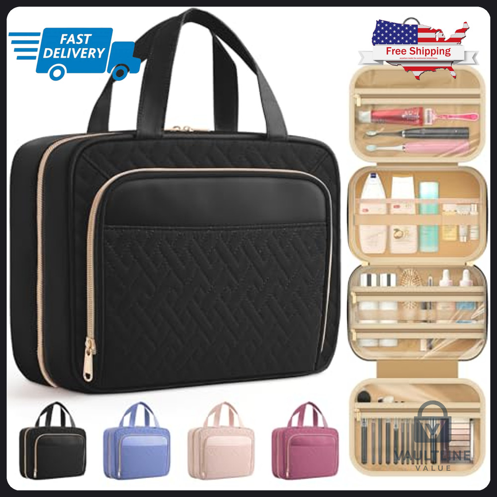 Hotor Hanging Travel Toiletry Bag – Black Polyester Organizer with Metal Hook