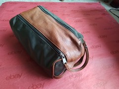 Bosca Men&rsquo;s Soft Toiletry Kit Travel Bag, Olive Green Nylon, Brown Leather, GUC