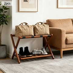 2Pcs Brown Foldable Luggage Rack, Wooden Suitcase Stand, Hotel Room Organizer