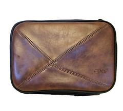 S-ZONE Brown Cowhide Leather Canvas Organizer Toiletry Travel Double Zipper Case