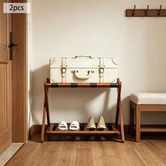 2Pcs Brown Foldable Luggage Rack, Wooden Suitcase Stand, Hotel Room Organizer