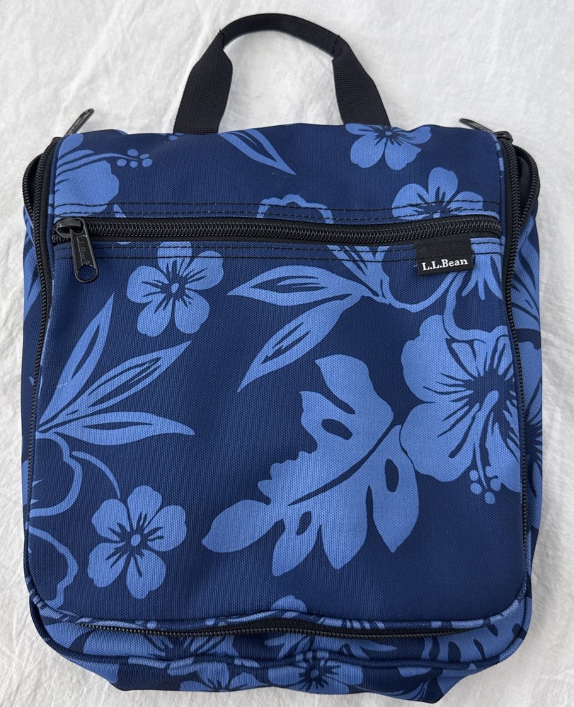 LL Bean Toiletry Bag Blue Floral Tropical Nylon Hanging Travel Kit Organizer