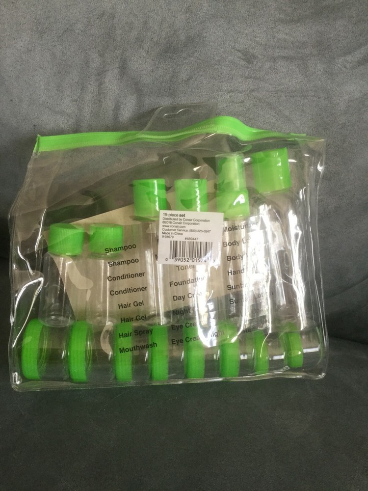 CONAIR GREEN 15 PIECE TRAVEL CLEAR CONTAINER SET IN PLASTIC BAG – BRAND NEW
