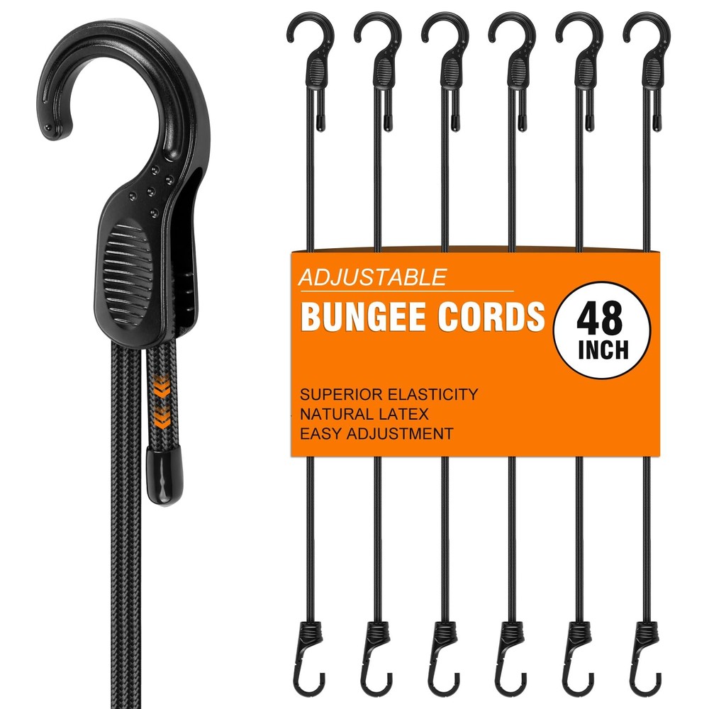 Adjustable Bungee Cords with Hooks 48 Inch, 6 PCS Elastic 48 Black