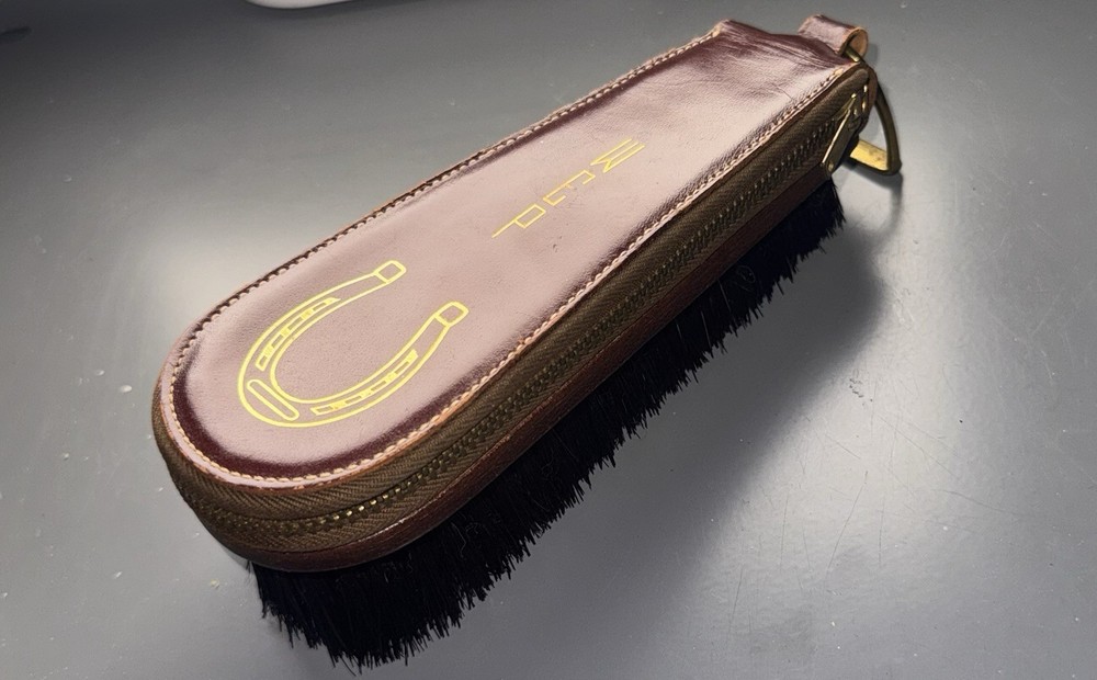 VTG 50s 60s MCM Equestrian Leather Clothes Brush Pocket Grooming Set File Comb