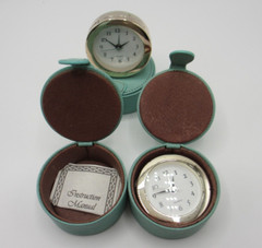 Travel Clock in Leather Case w Suede Interior 3&Prime; Round Robin&rsquo;s Egg Blue