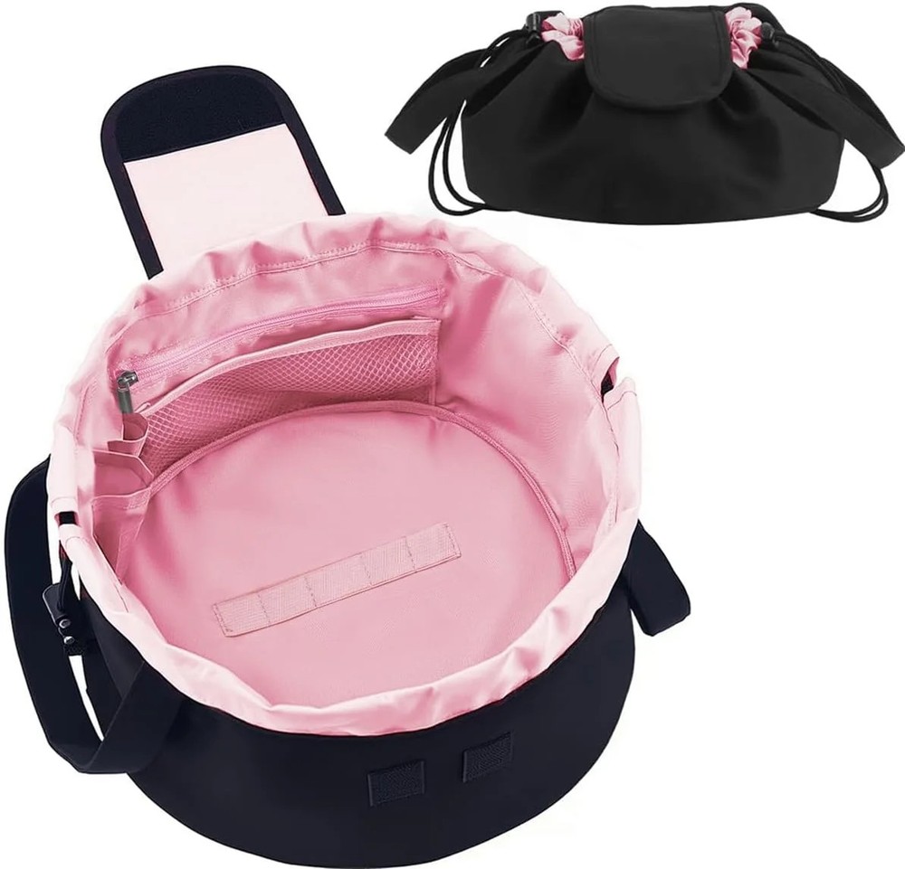 Lay Flat Drawstring Makeup Bag – Large Travel Cosmetic Toiletry Organizer Pink